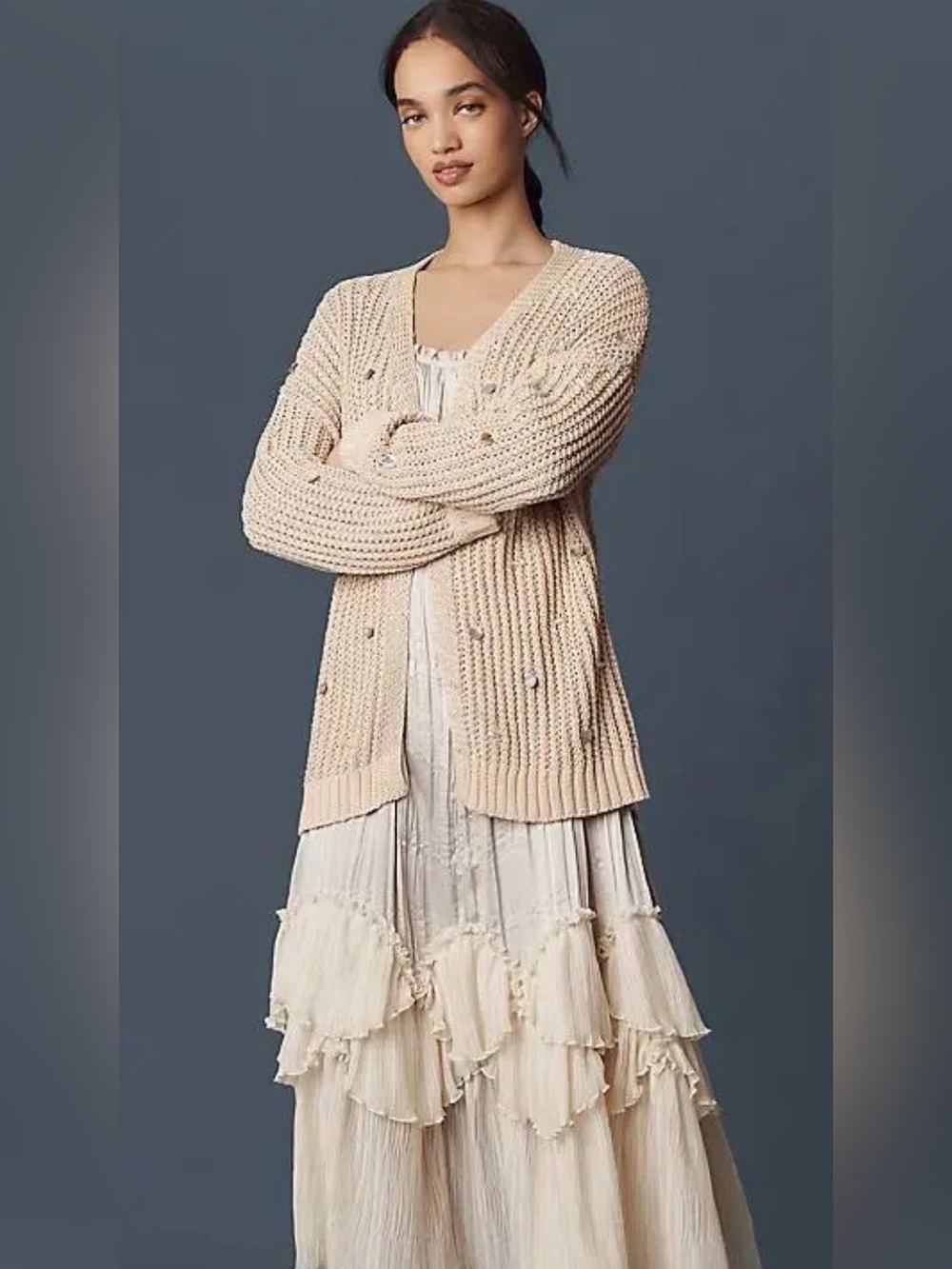 Anthropologie Ivory Chunky Open-Front Knit Cardigan
